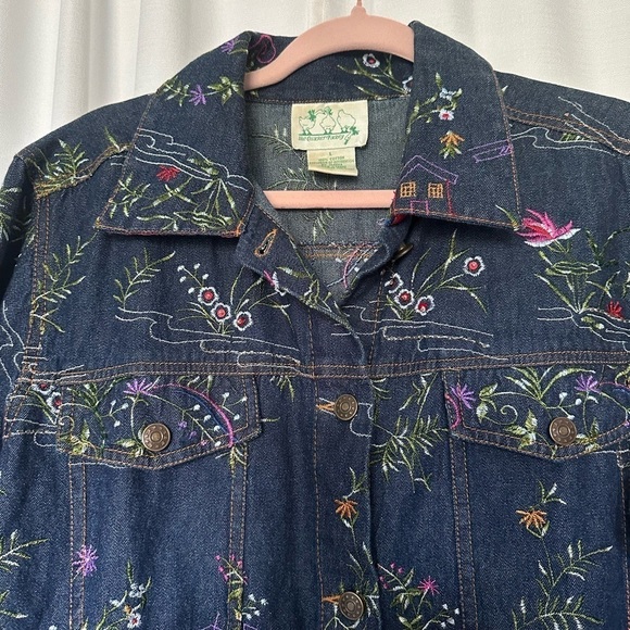 Quacker Factory Jacket Embroidered Floral Blue Denim Jean Trucker Women's Size L - Picture 2 of 13